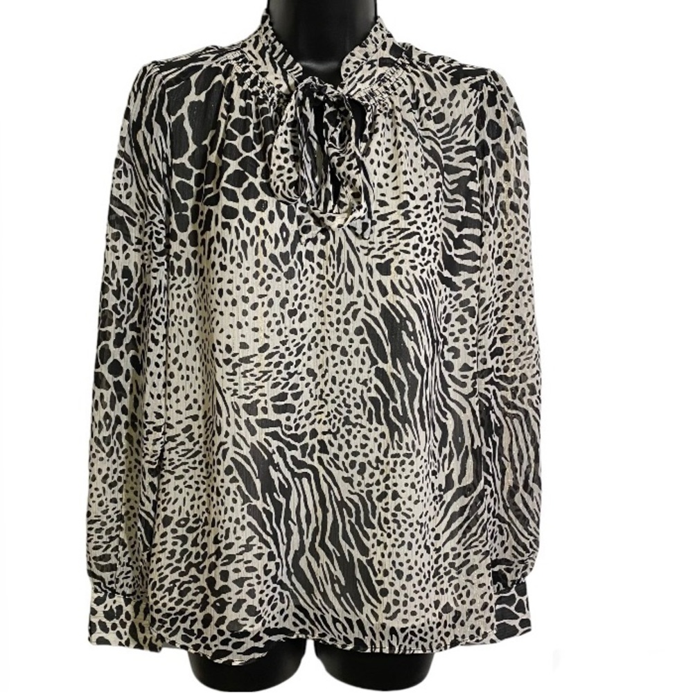cupcakes and cashmere Blouse Mandarin Collar Tie Neck Animal Print Size Small